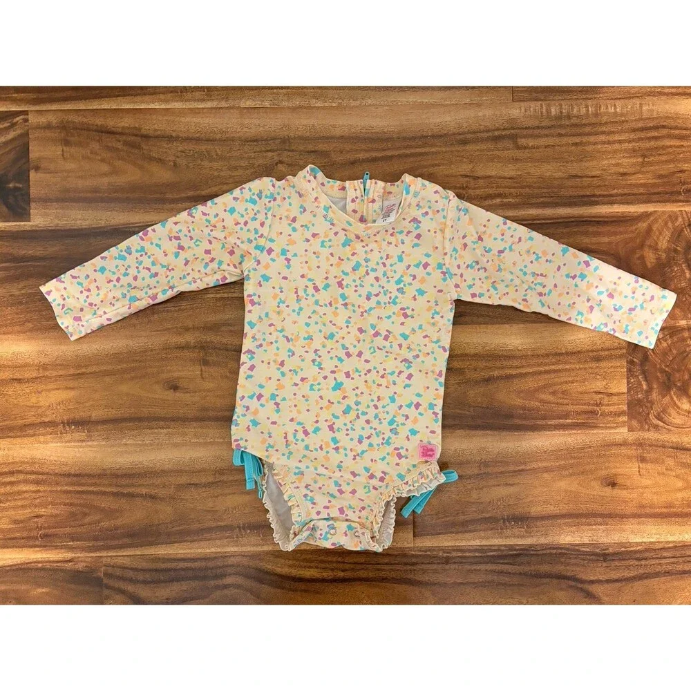 RuffleButts Long Sleeve Rash Guard Swimsuit, Confetti Beach, Size 2T